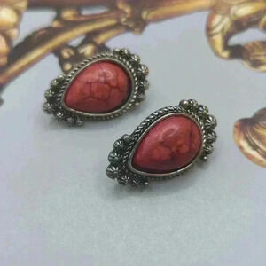 Red Marble Earrings Orange cabochon clip ons EUC Costume Fashion Jewelry